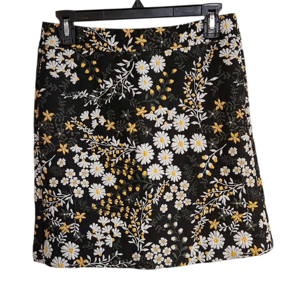 Loft Floral Jacquard Mini Skirt  Womens Sz 2P Tapestry Black Yellow Daisys Lined